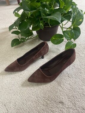 Tahari Dark Brown Suede Pointed Kitten Heels